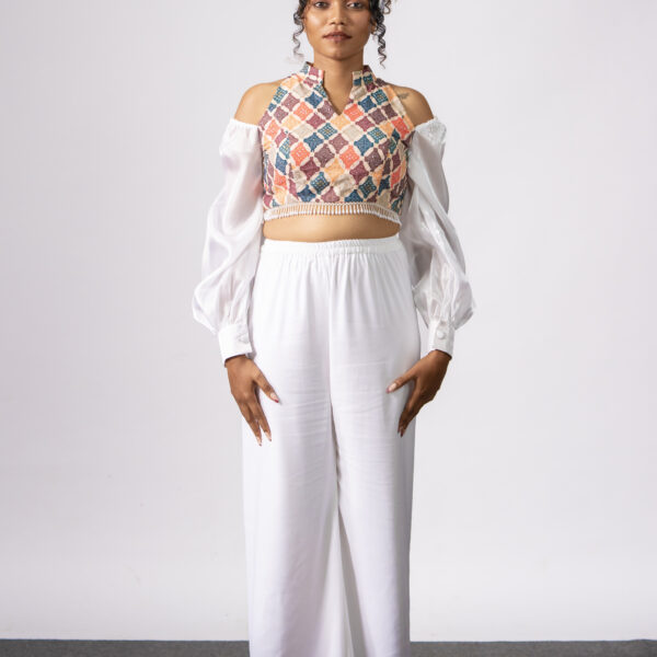 Cotton hakoba crop top with flared pallazo pants